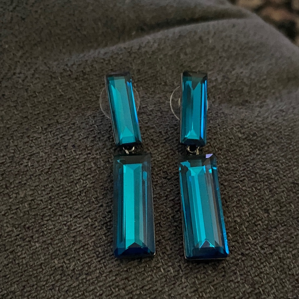 Elegant Blue Rectangular Drop Glass Earrings - image 2